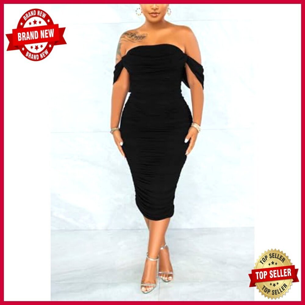 Off Shoulder Bodycon Ruched Midi Dress Elegant Cocktail Evening Party Wear - Picture 4 of 7